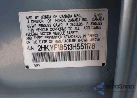 2003 Honda Pilot Ex-L из США, поврежденный, VIN 2HKYF18513H551178